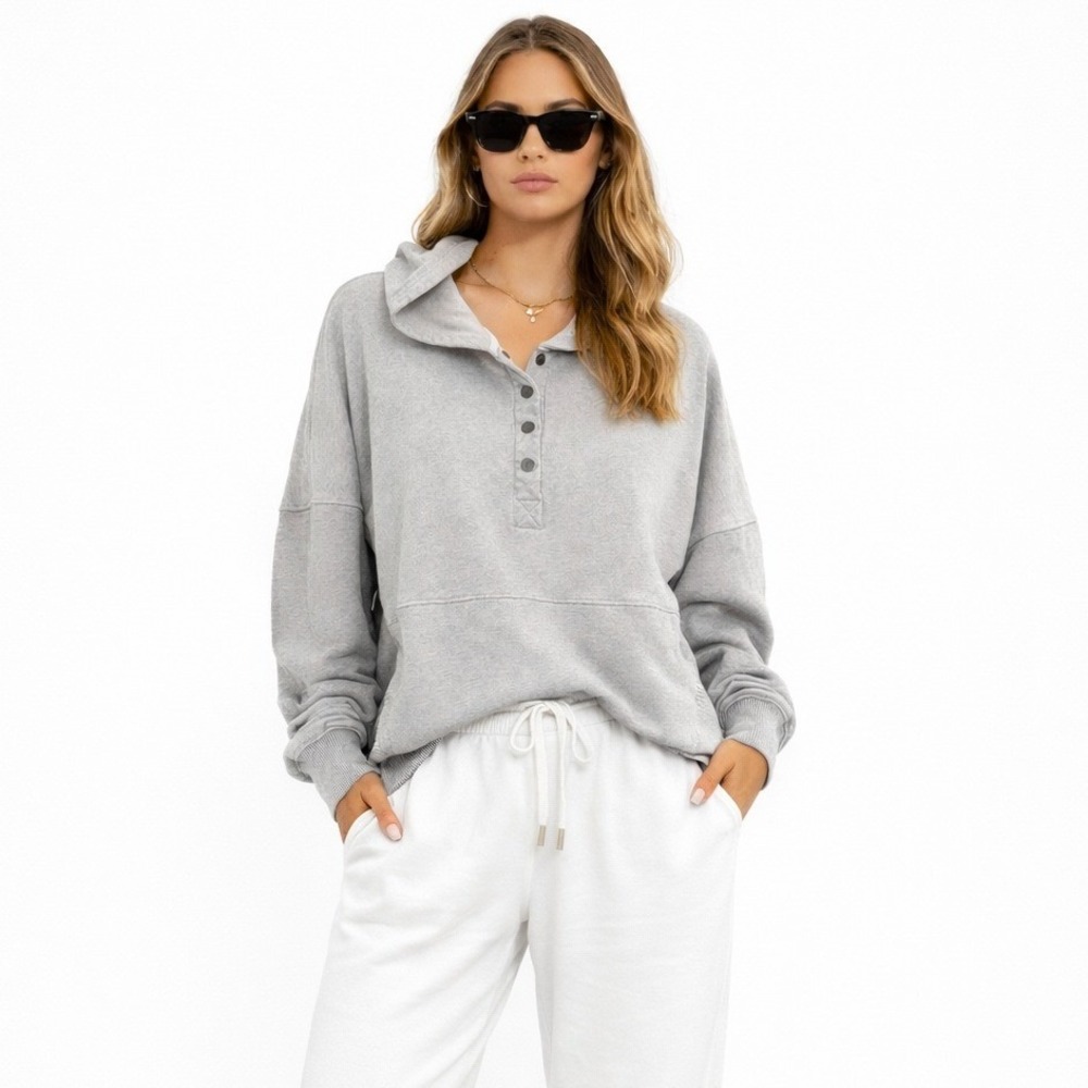 Bucketlist Heather Grey Snap Henley Hoodie Sweatshirt L Ribbed‎ Trim